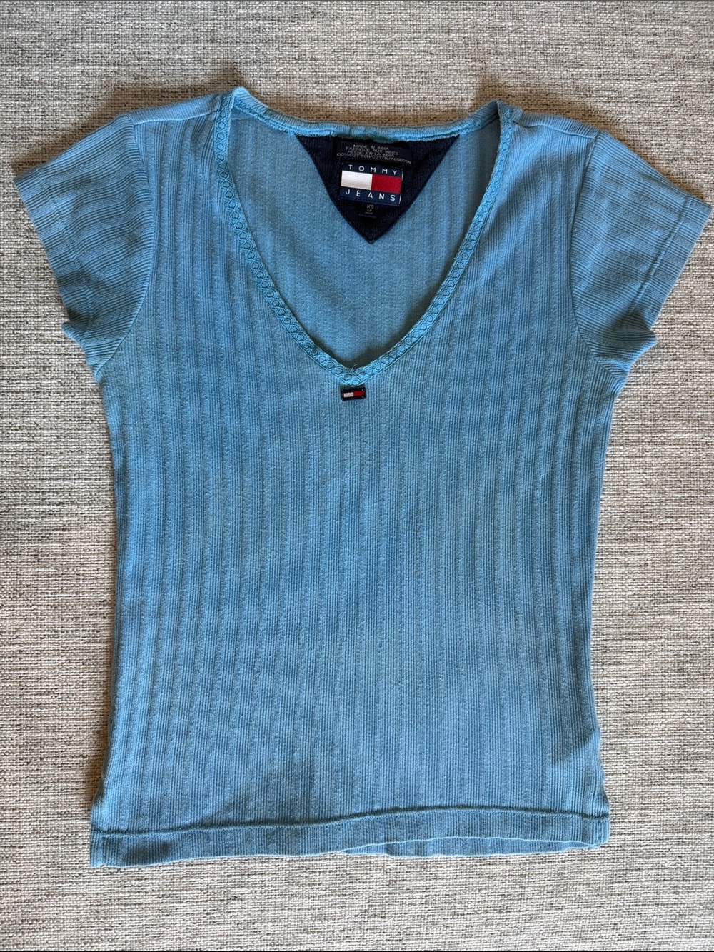 Vintage Y2K Tommy Jeans Baby Tee XS Blue Ribbed V Neck